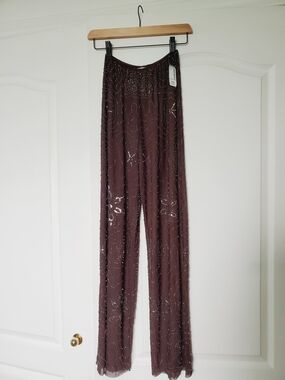 Lizette Collection Beaded Sheer Pants – Chocolate Brown / Plum